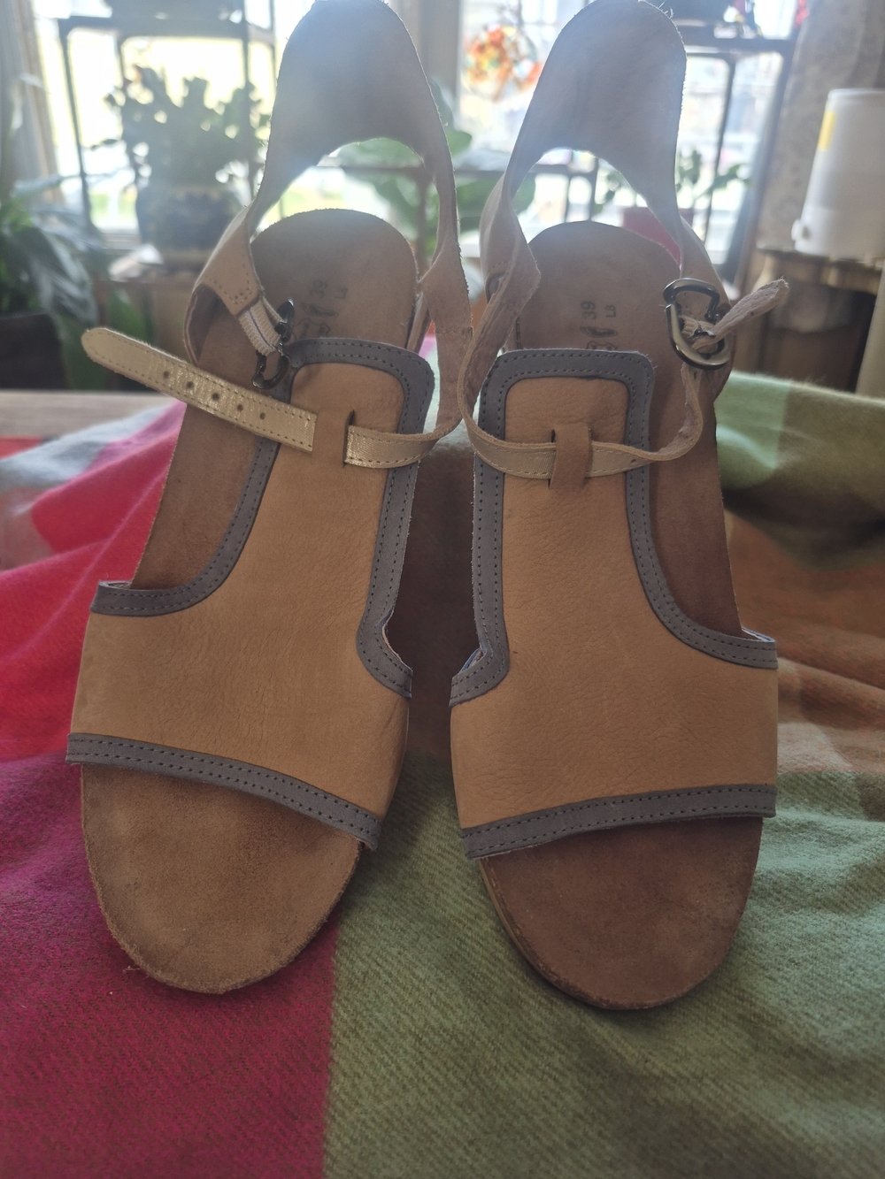 Naot Two-Tone Tan and Gray Open-Toe Slingback Sandals